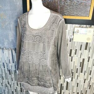 Cal Style Top 2XL Womens Large Gray Crochet Lace Long Sleeve Asymmetrical 0449
